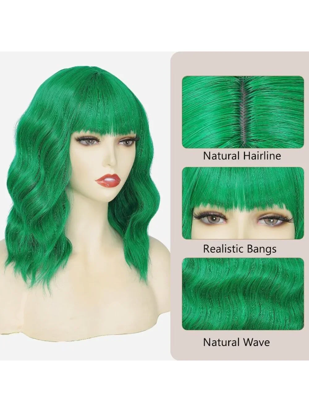 Women's Green 14 Inch Heat Resistant Short Wavy Hair Pastel Bob Wig Bangs
